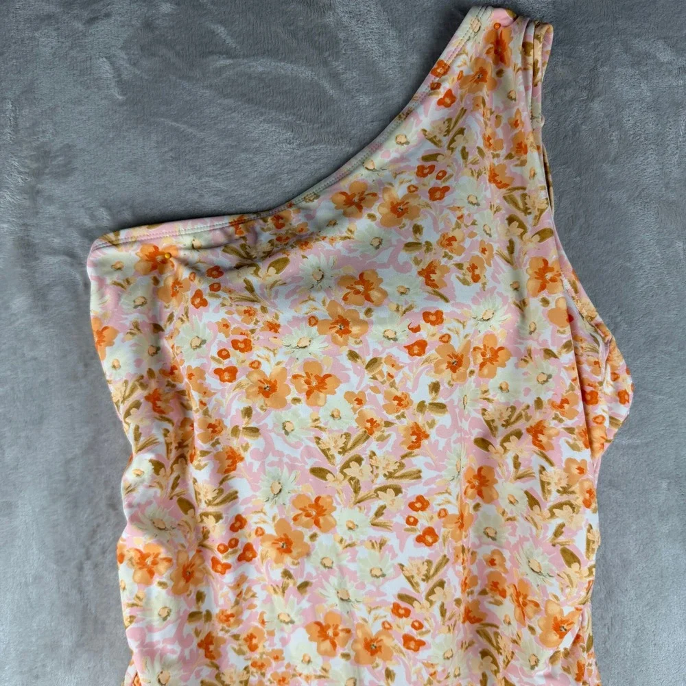 Kona Sol Womens Floral One‎ Shoulder One Piece Swimsuit Orange Pink XL